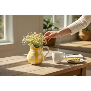 Maxcera Pitcher Home Small Yellow White NWOT Gingham Check Farmhouse